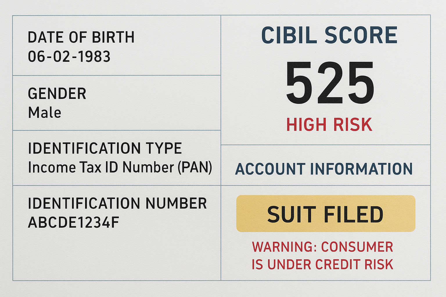 CIBIL Suit Filed report sample showing credit risk warning